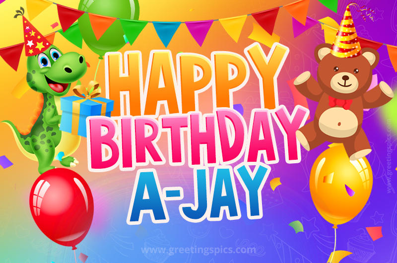 Happy Birthday A-Jay Image for a child with cute baby dinosaur and bear