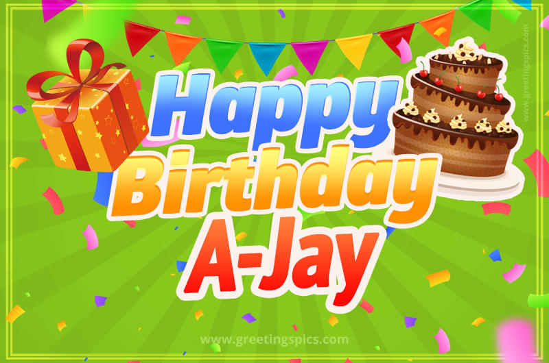 Happy Birthday A-Jay picture with flags, chocolate cake and gift box