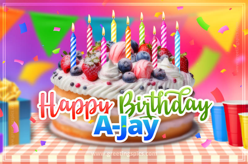 Happy Birthday A-Jay Colorful Image with fruit cake and candles