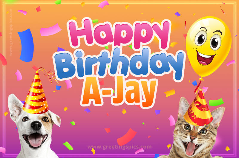 Happy Birthday A-Jay Funny Image with cat and dog