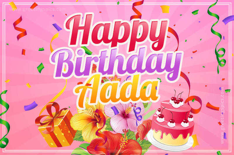 Beautiful Birthday Card for Aada with Cake and bouquet of flowers