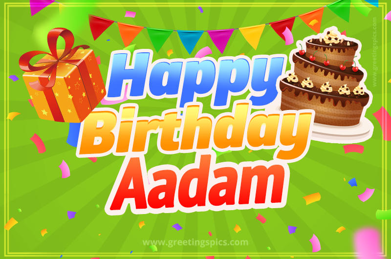 Happy Birthday Aadam picture with flags, chocolate cake and gift box