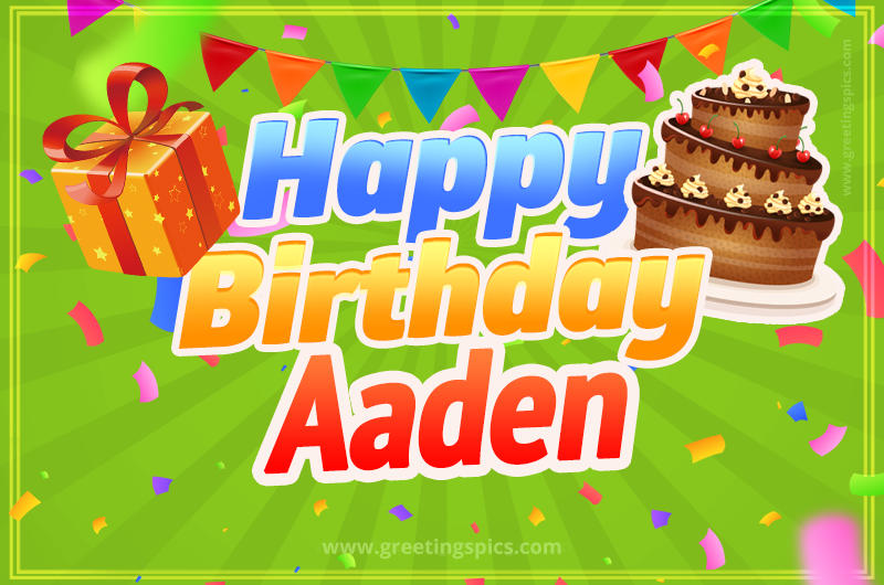 Happy Birthday Aaden picture with flags, chocolate cake and gift box