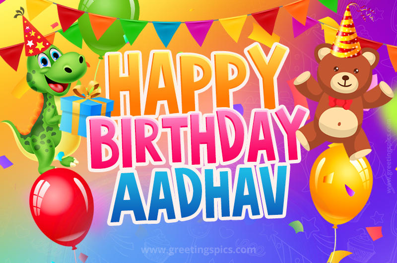 Happy Birthday Aadhav Image for a child with cute baby dinosaur and bear