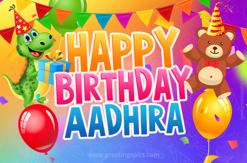 Happy Birthday Aadhira Image for a child with cute dinosaur and bear