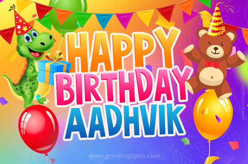 Happy Birthday Aadhvik Image for a child with cute baby dinosaur and bear