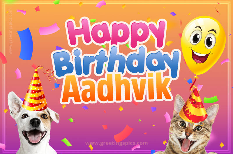 Happy Birthday Aadhvik Funny Image with cat and dog