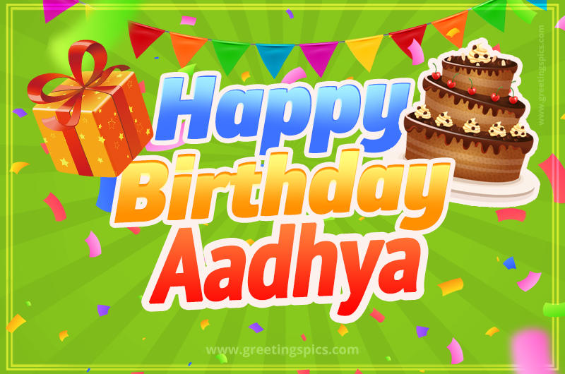 Happy Birthday Aadhya picture with flags, chocolate cake and gift box