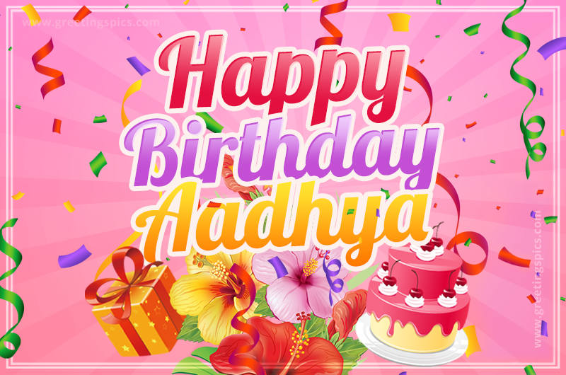 Beautiful Birthday Card for Aadhya with Cake and bouquet of flowers