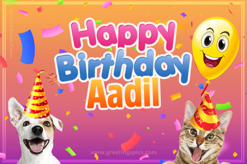 Happy Birthday Aadil Funny Image with cat and dog