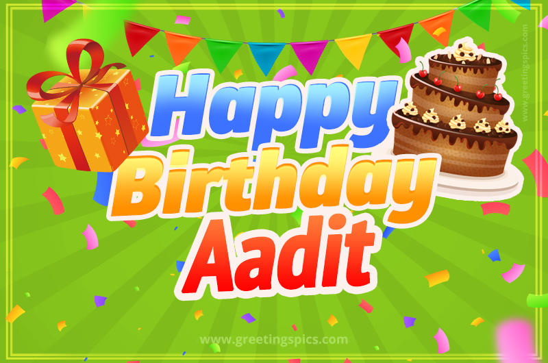 Happy Birthday Aadit picture with flags, chocolate cake and gift box