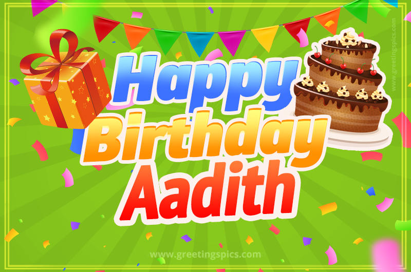 Happy Birthday Aadith picture with flags, chocolate cake and gift box