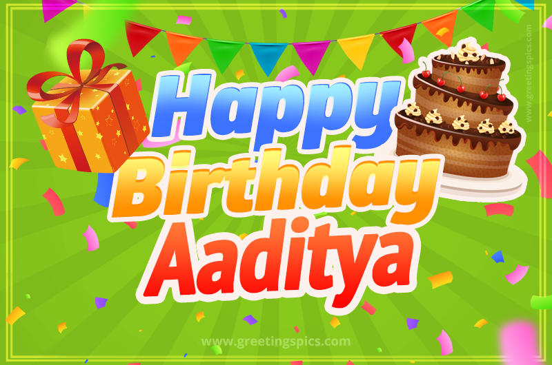 Happy Birthday Aaditya picture with flags, chocolate cake and gift box