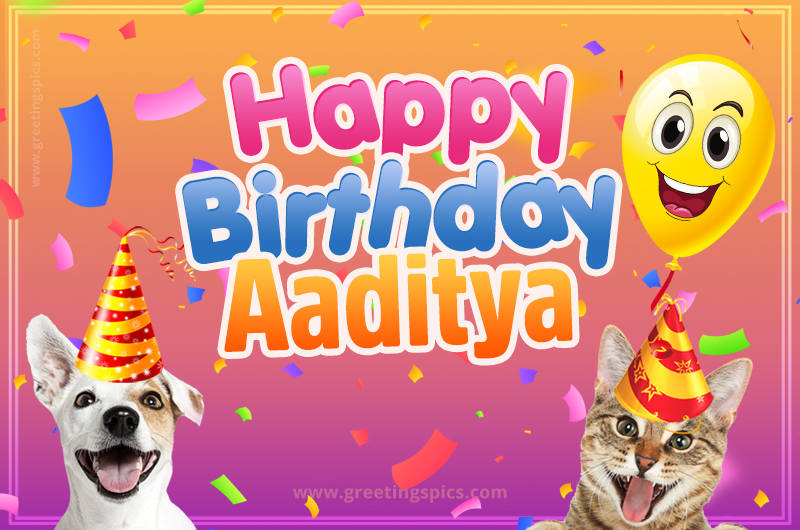 Happy Birthday Aaditya Funny Image with cat and dog