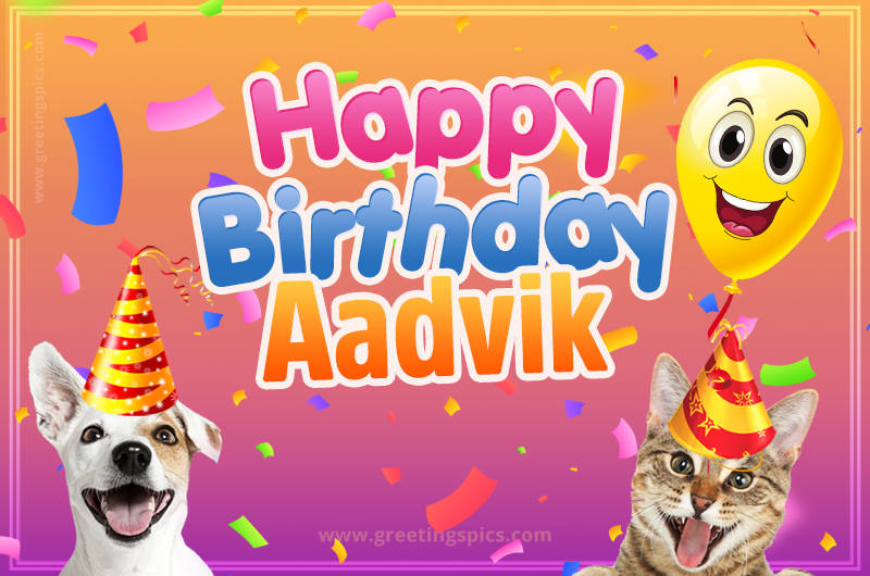 Happy Birthday Aadvik Funny Image with cat and dog