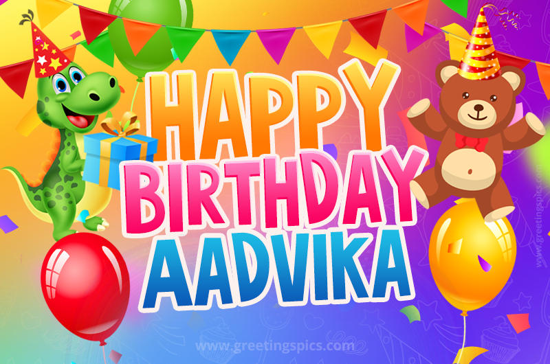 Happy Birthday Aadvika Image for a child with cute dinosaur and bear