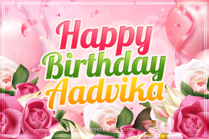 Image with gentle pink background and flowers Happy Birthday Aadvika