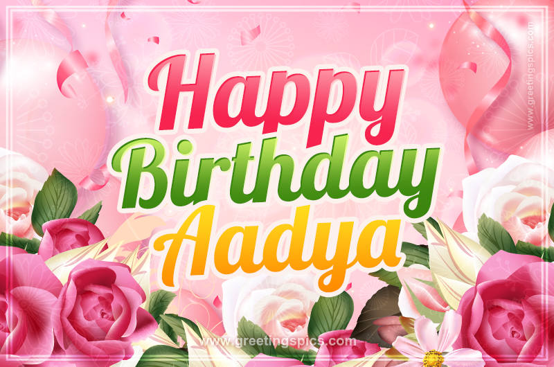 Image with gentle pink background and flowers Happy Birthday Aadya