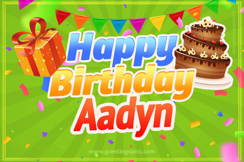 Happy Birthday Aadyn picture with flags, chocolate cake and gift box