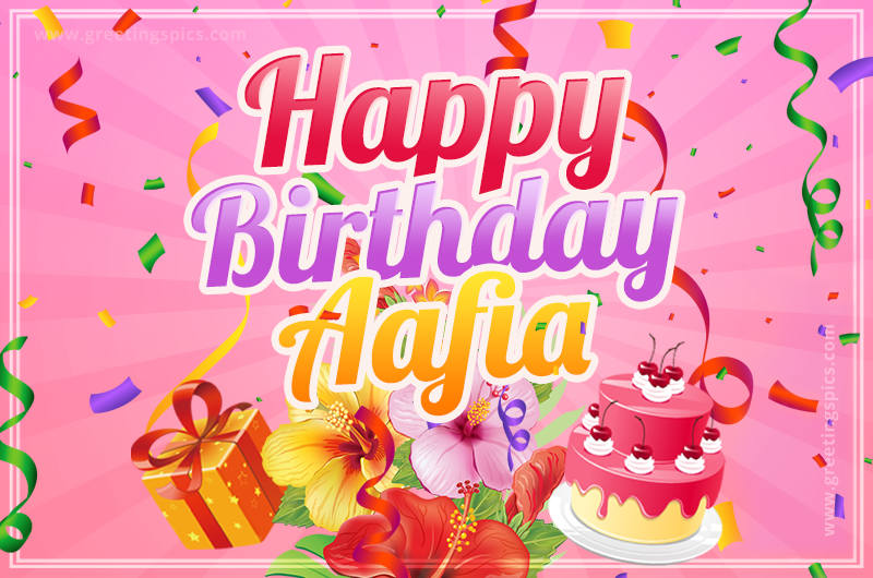 Beautiful Birthday Card for Aafia with Cake and bouquet of flowers