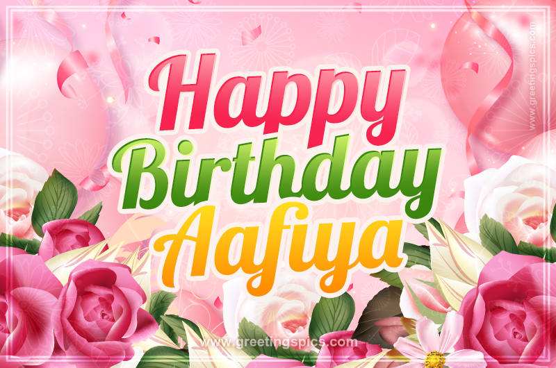 Image with gentle pink background and flowers Happy Birthday Aafiya