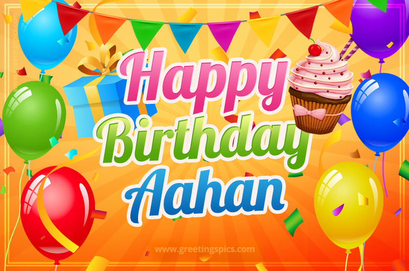 Happy Birthday Aahan eCard with gift box and cupcake