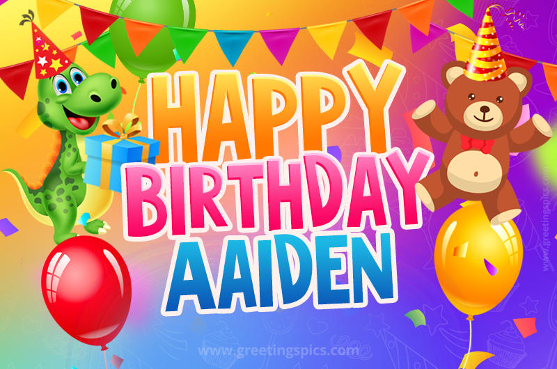 Happy Birthday Aaiden Image for a child with cute baby dinosaur and bear