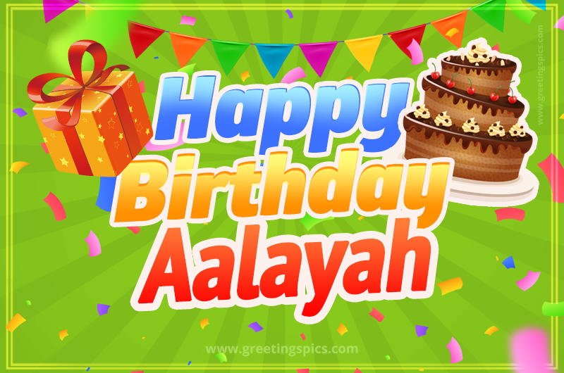 Happy Birthday Aalayah picture with flags, chocolate cake and gift box