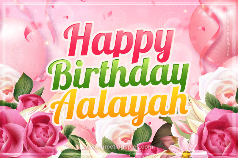 Image with gentle pink background and flowers Happy Birthday Aalayah