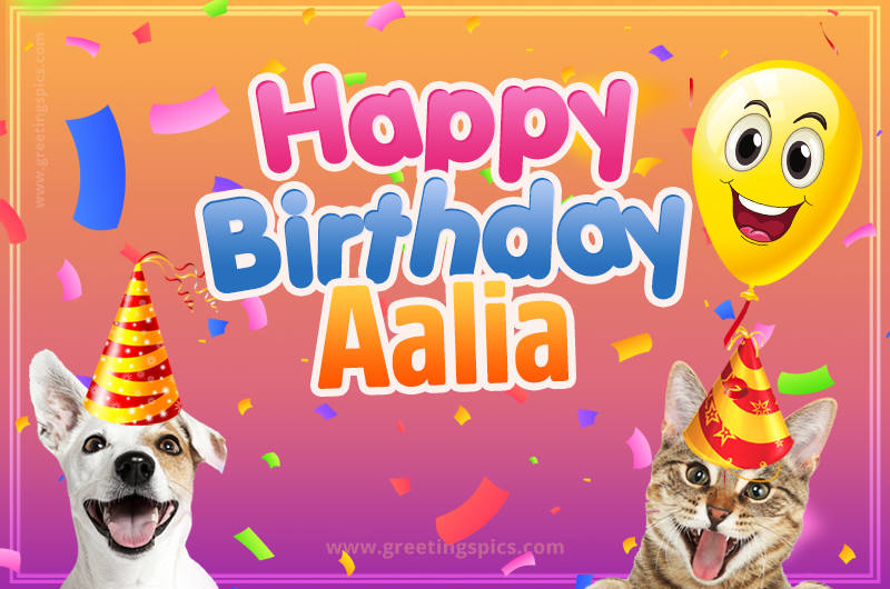 Happy Birthday Aalia Funny Image with cat and dog