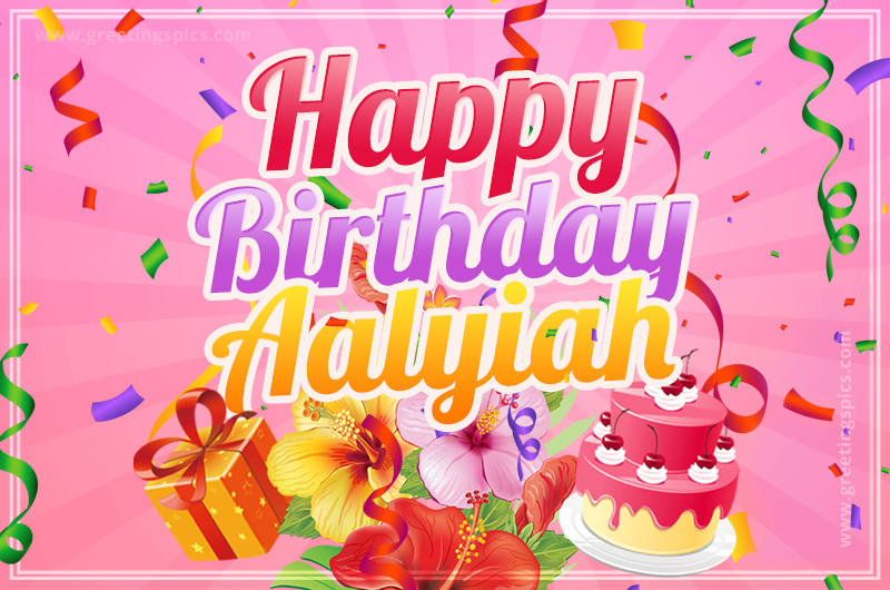 Beautiful Birthday Card for Aalyiah with Cake and bouquet of flowers