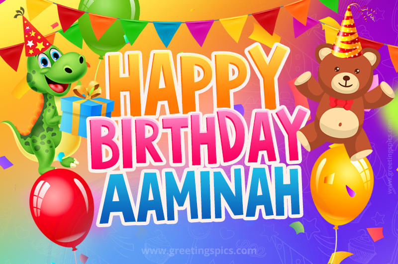 Happy Birthday Aaminah Image for a child with cute dinosaur and bear