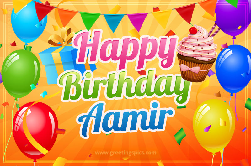 Happy Birthday Aamir eCard with gift box and cupcake