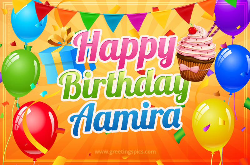 Happy Birthday Aamira eCard with gift box and cupcake