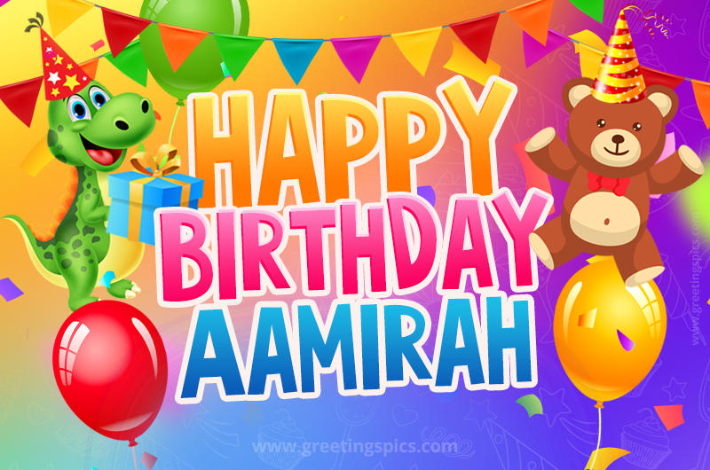 Happy Birthday Aamirah Image for a child with cute dinosaur and bear