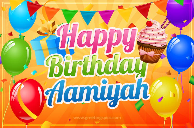 Happy Birthday Aamiyah eCard with gift box and cupcake