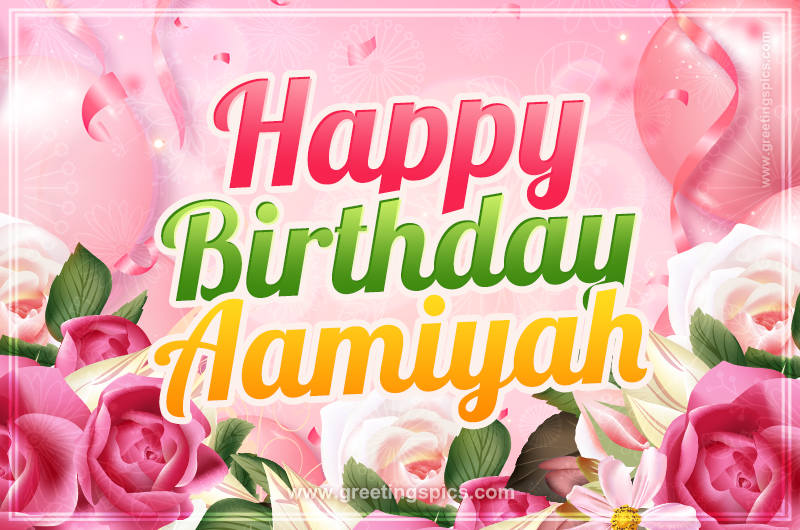 Image with gentle pink background and flowers Happy Birthday Aamiyah