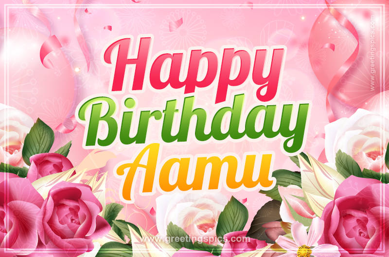 Image with gentle pink background and flowers Happy Birthday Aamu