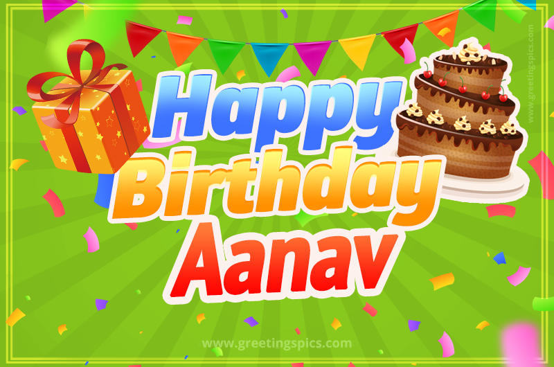 Happy Birthday Aanav picture with flags, chocolate cake and gift box