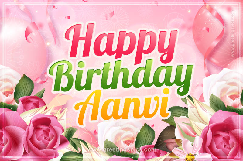 Image with gentle pink background and flowers Happy Birthday Aanvi