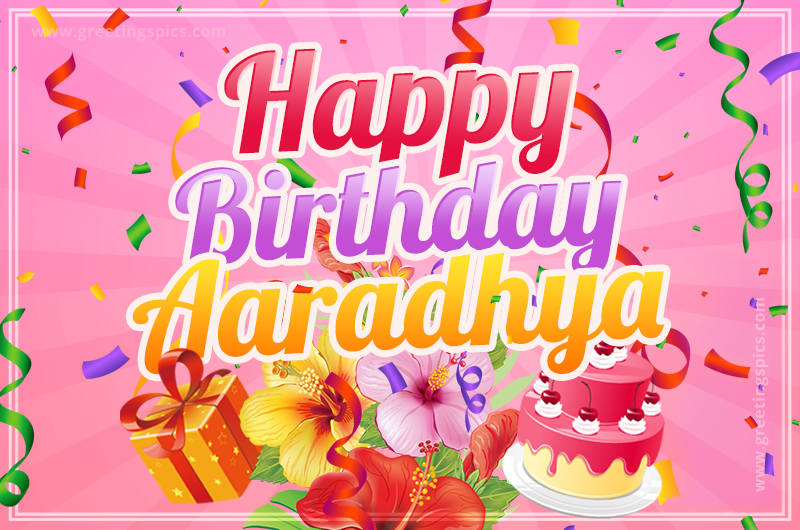 Beautiful Birthday Card for Aaradhya with Cake and bouquet of flowers