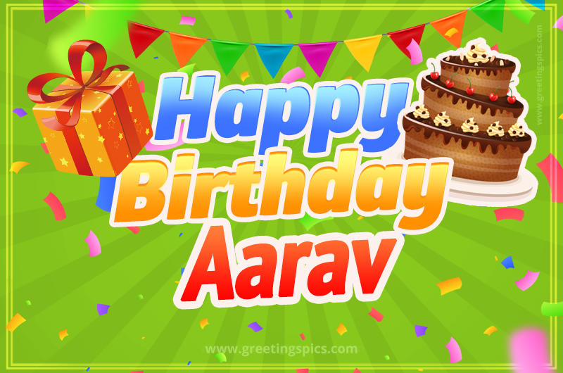 Happy Birthday Aarav picture with flags, chocolate cake and gift box