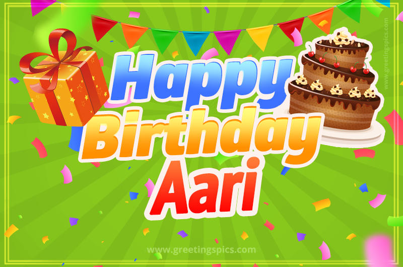 Happy Birthday Aari picture with flags, chocolate cake and gift box