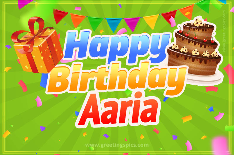 Happy Birthday Aaria picture with flags, chocolate cake and gift box