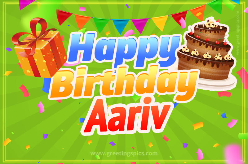 Happy Birthday Aariv picture with flags, chocolate cake and gift box