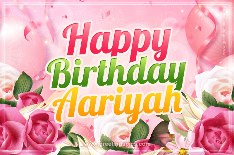 Image with gentle pink background and flowers Happy Birthday Aariyah