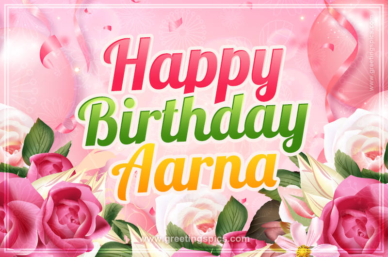 Image with gentle pink background and flowers Happy Birthday Aarna