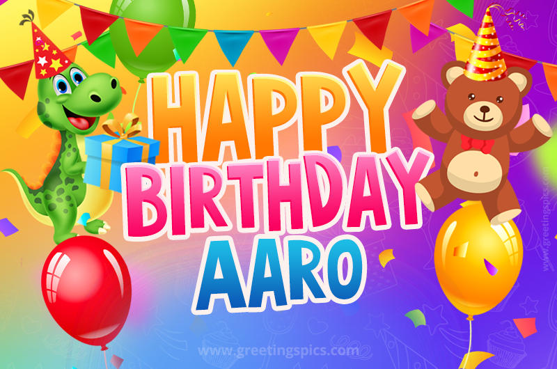 Happy Birthday Aaro Image for a child with cute baby dinosaur and bear