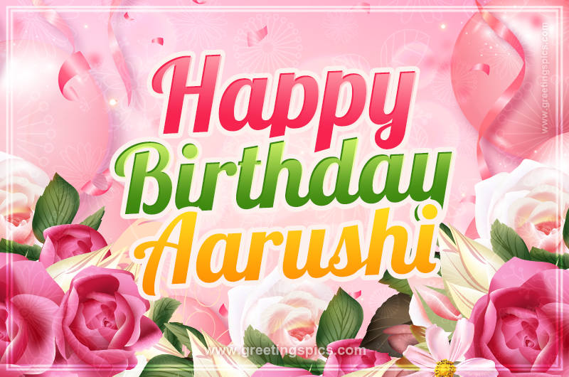 Image with gentle pink background and flowers Happy Birthday Aarushi