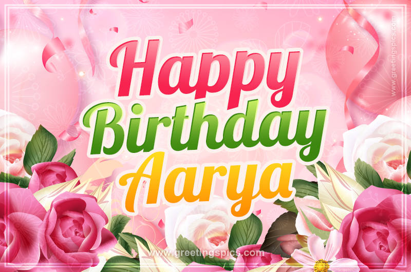 Image with gentle pink background and flowers Happy Birthday Aarya